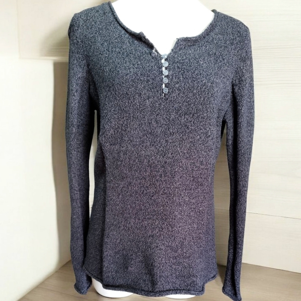 Sundance Sweater Womens M Black Gray Buttoned Silk Rolled Hem Henley Pullover